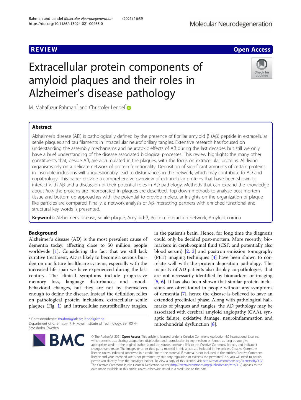 Extracellular Protein Components of Amyloid Plaques and Their Roles in Alzheimer’S Disease Pathology M