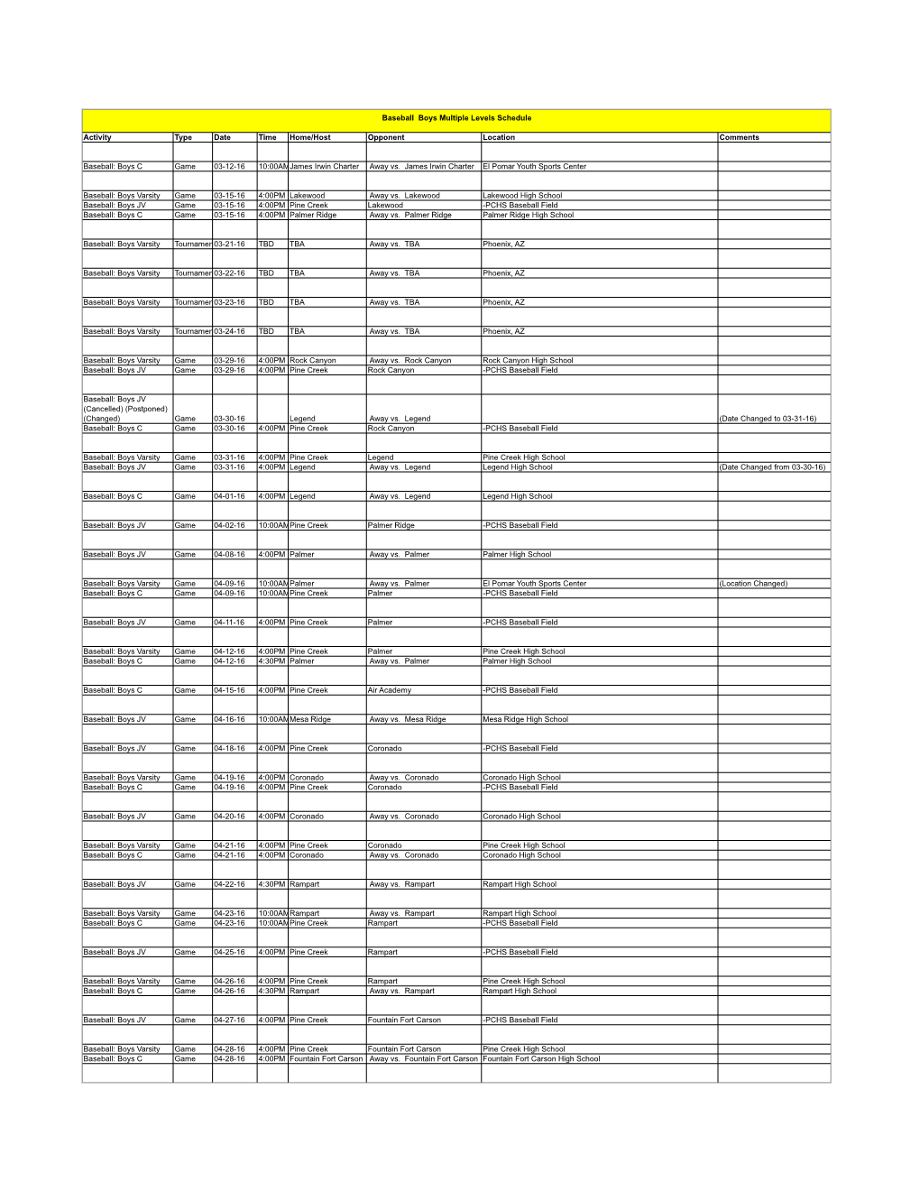 Activity Type Date Time Home/Host Opponent Location Comments