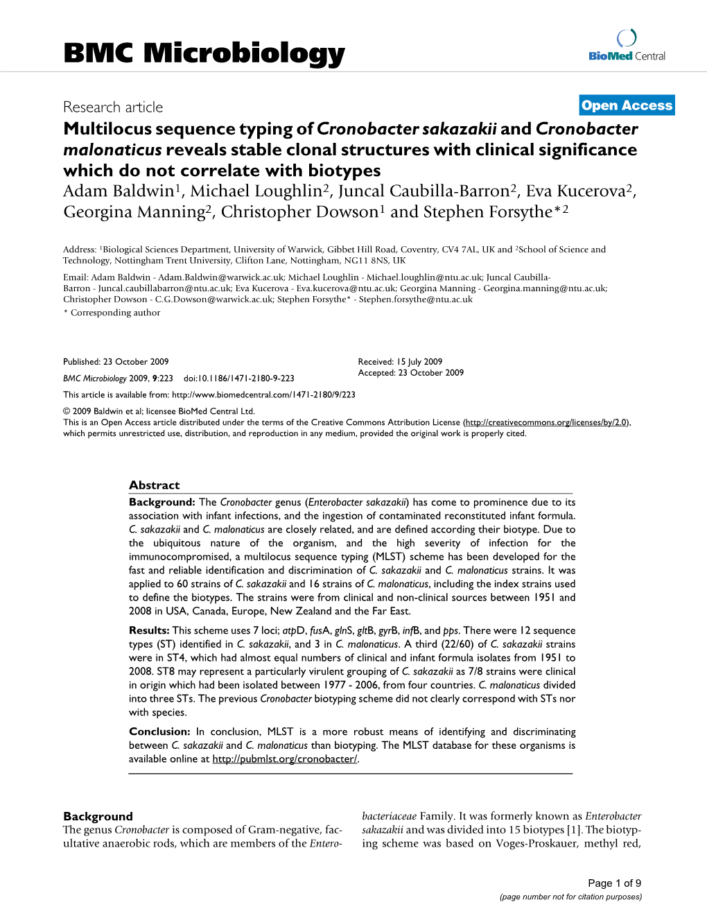 Multilocus Sequence Typing of Cronobacter Sakazakii And