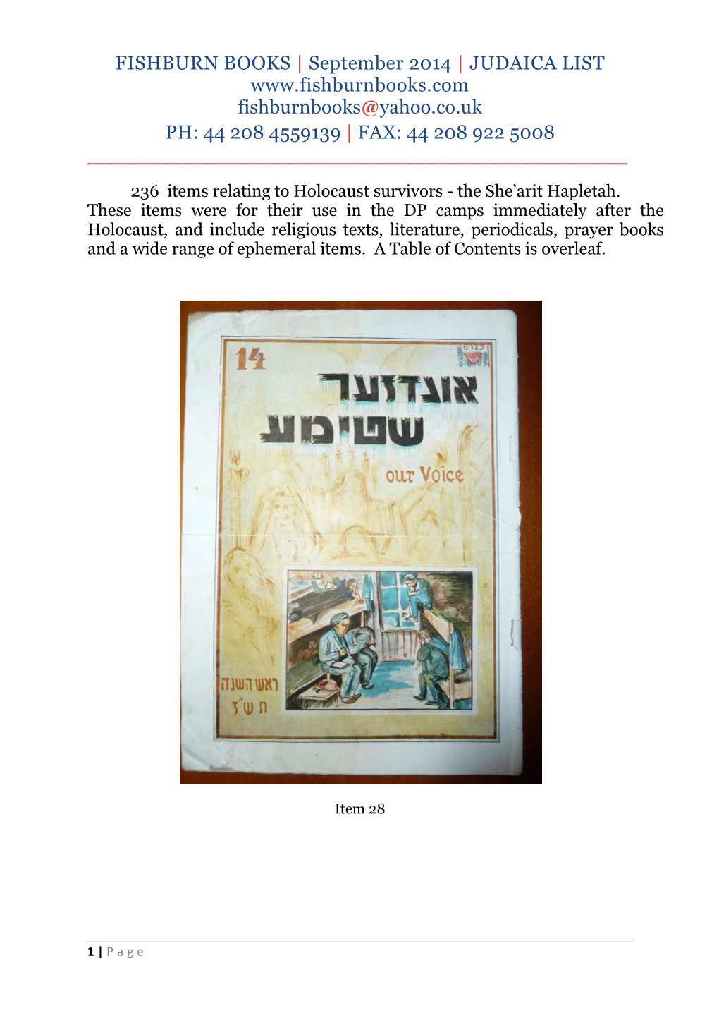 September 2014 | JUDAICA LIST Fishburnbooks@Yahoo.Co.Uk PH: 44 208 4559139 | FAX: 44