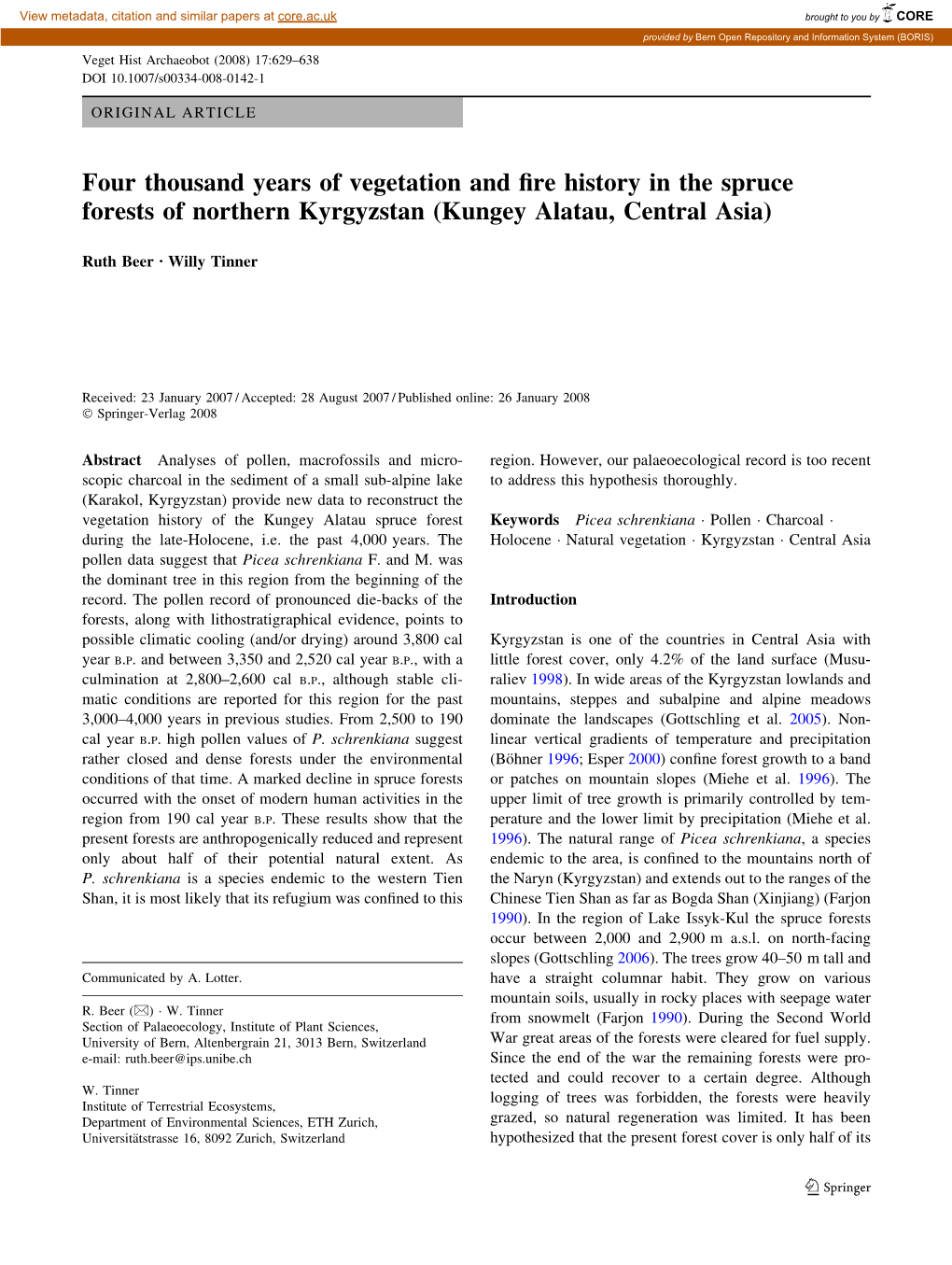 Four Thousand Years of Vegetation and Fire History in the Spruce Forests of Northern Kyrgyzstan (Kungey Alatau, Central Asia)