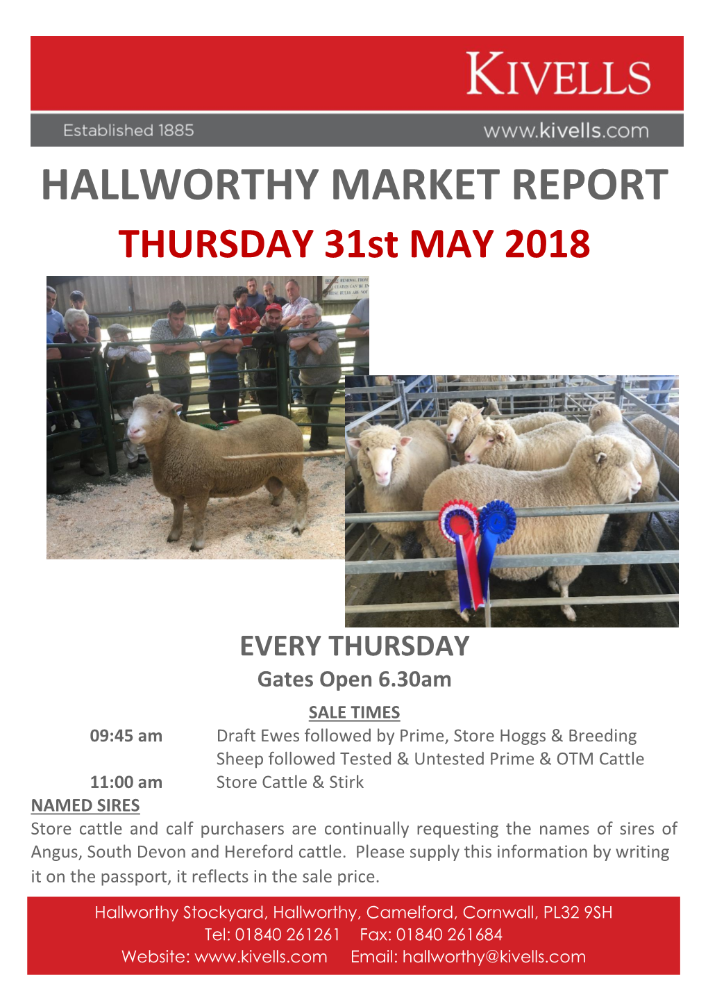 HALLWORTHY MARKET REPORT THURSDAY 31St MAY 2018