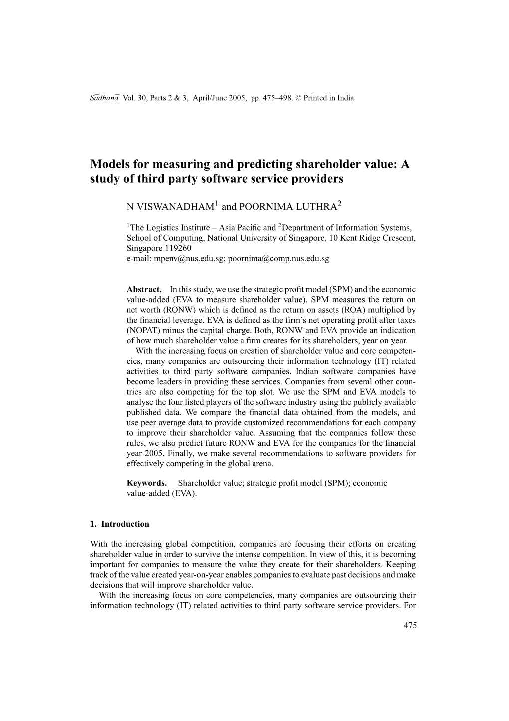 Models for Measuring and Predicting Shareholder Value: a Study of Third Party Software Service Providers