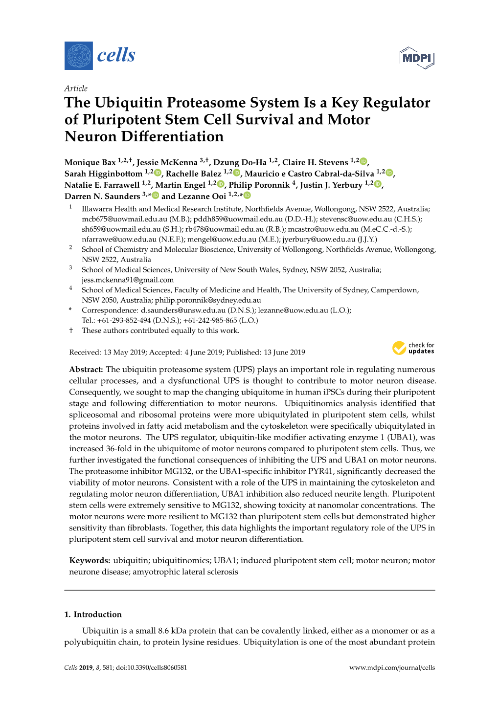 The Ubiquitin Proteasome System Is a Key Regulator of Pluripotent Stem Cell Survival and Motor Neuron Diﬀerentiation