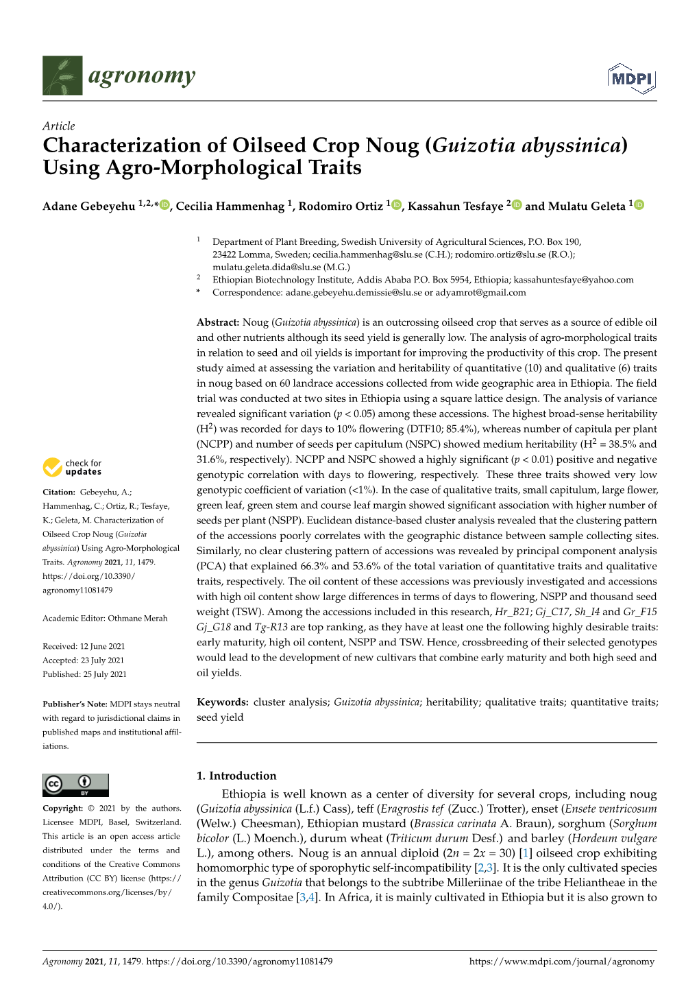 Characterization of Oilseed Crop Noug (Guizotia Abyssinica) Using Agro-Morphological Traits