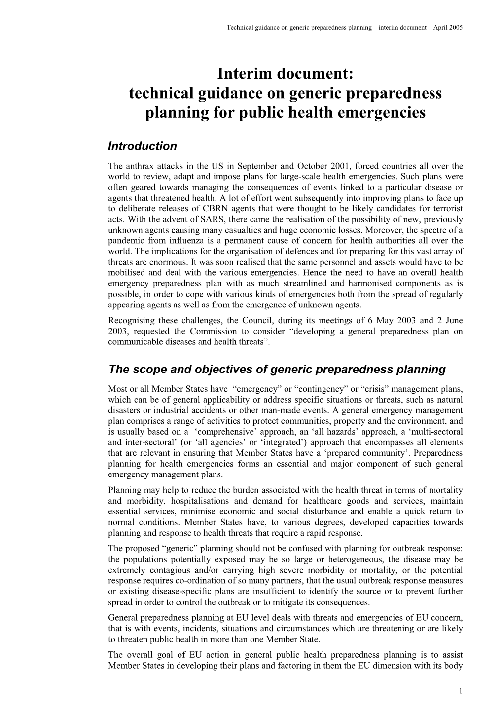 Interim Document: Technical Guidance on Generic Preparedness Planning for Public Health Emergencies