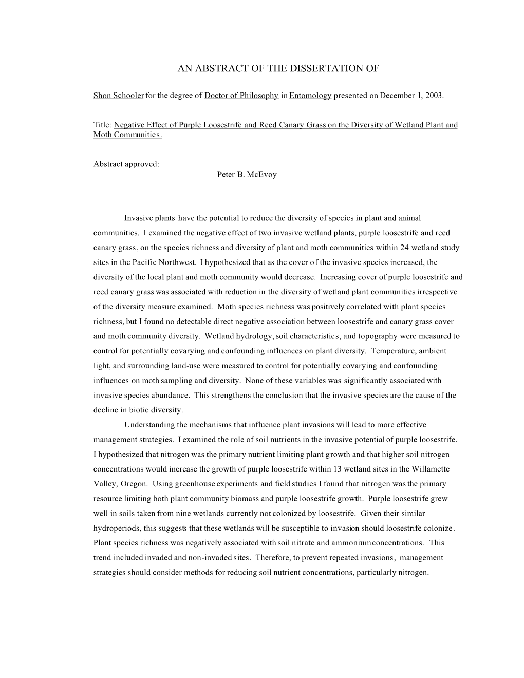 An Abstract of the Dissertation Of