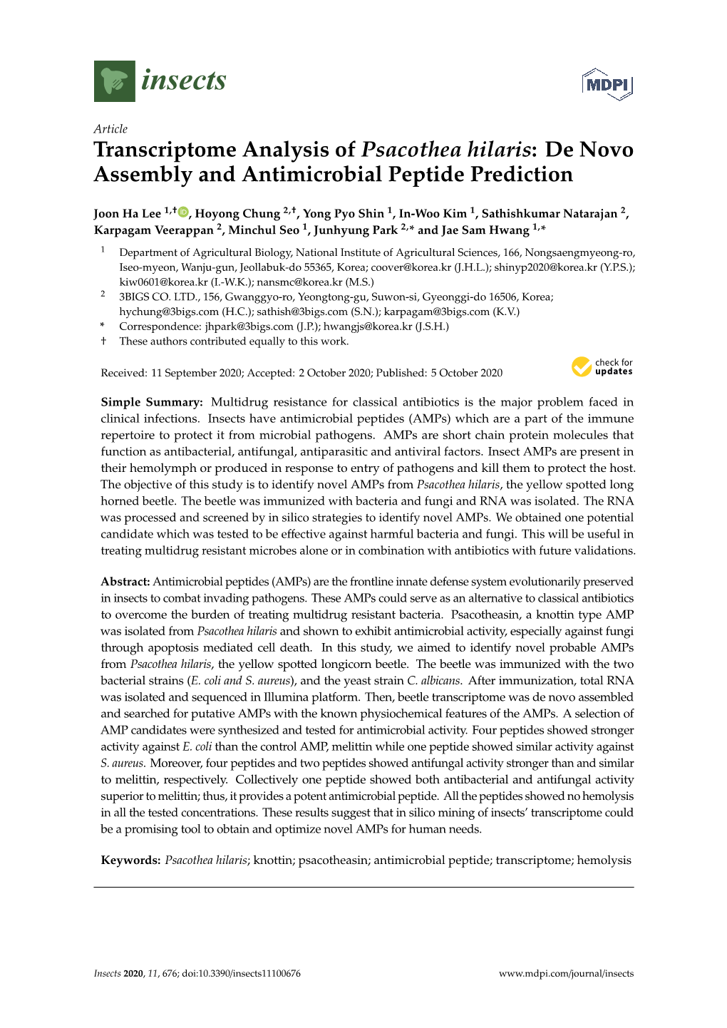 Transcriptome Analysis of Psacothea Hilaris: De Novo Assembly and Antimicrobial Peptide Prediction