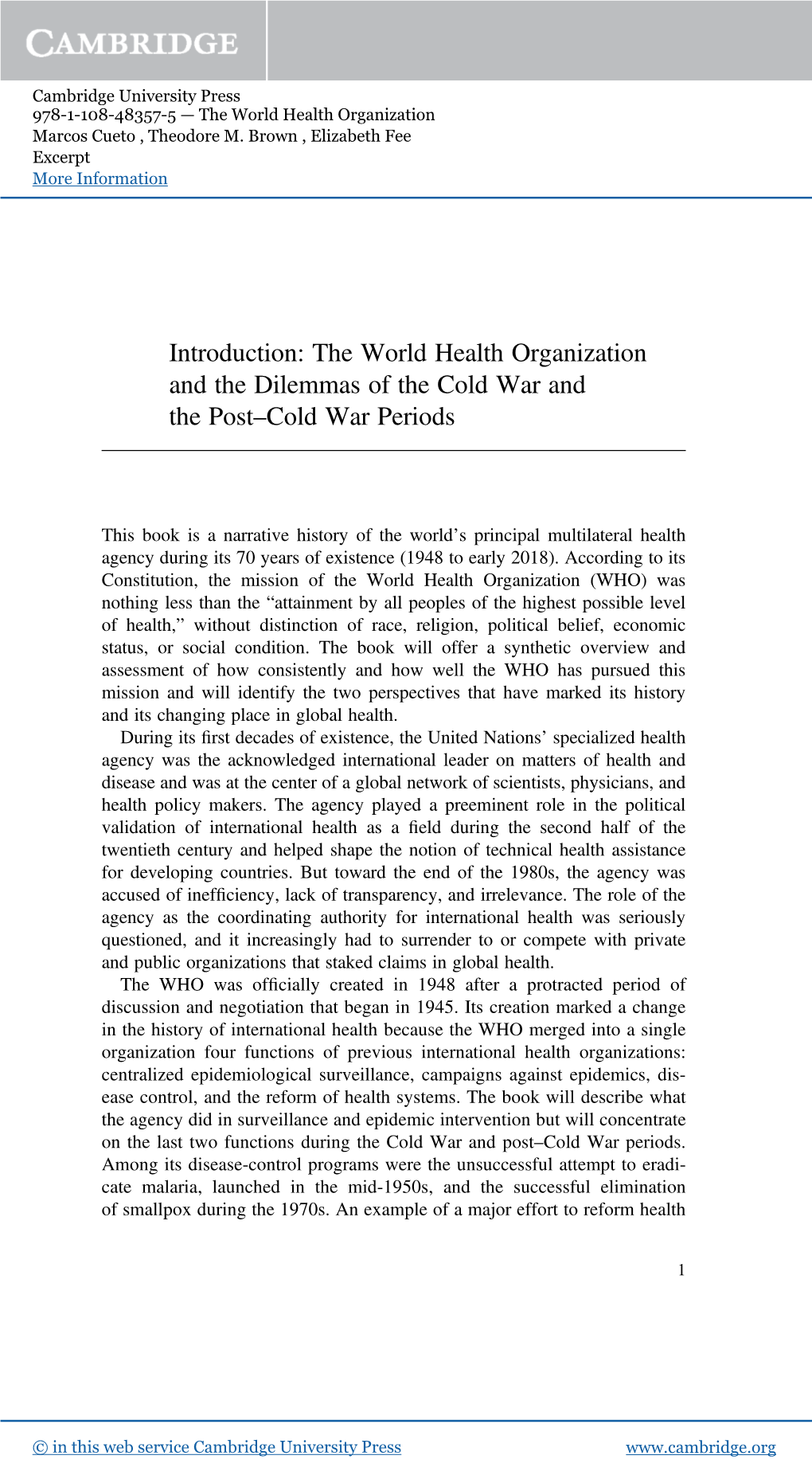 The World Health Organization and the Dilemmas of the Cold War and the Post–Cold War Periods