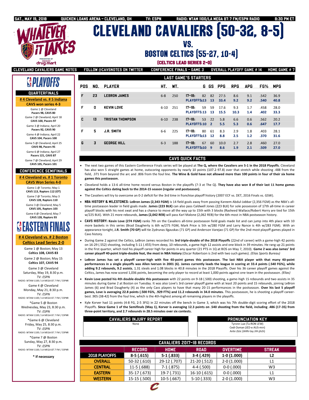 Cavaliers Game Notes Follow @Cavsnotes on Twitter Conference Finals - Game 3 Overall Playoff Game # 14 Home Game # 7