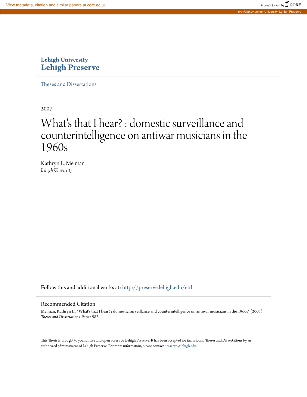 Domestic Surveillance and Counterintelligence on Antiwar Musicians in the 1960S Kathryn L