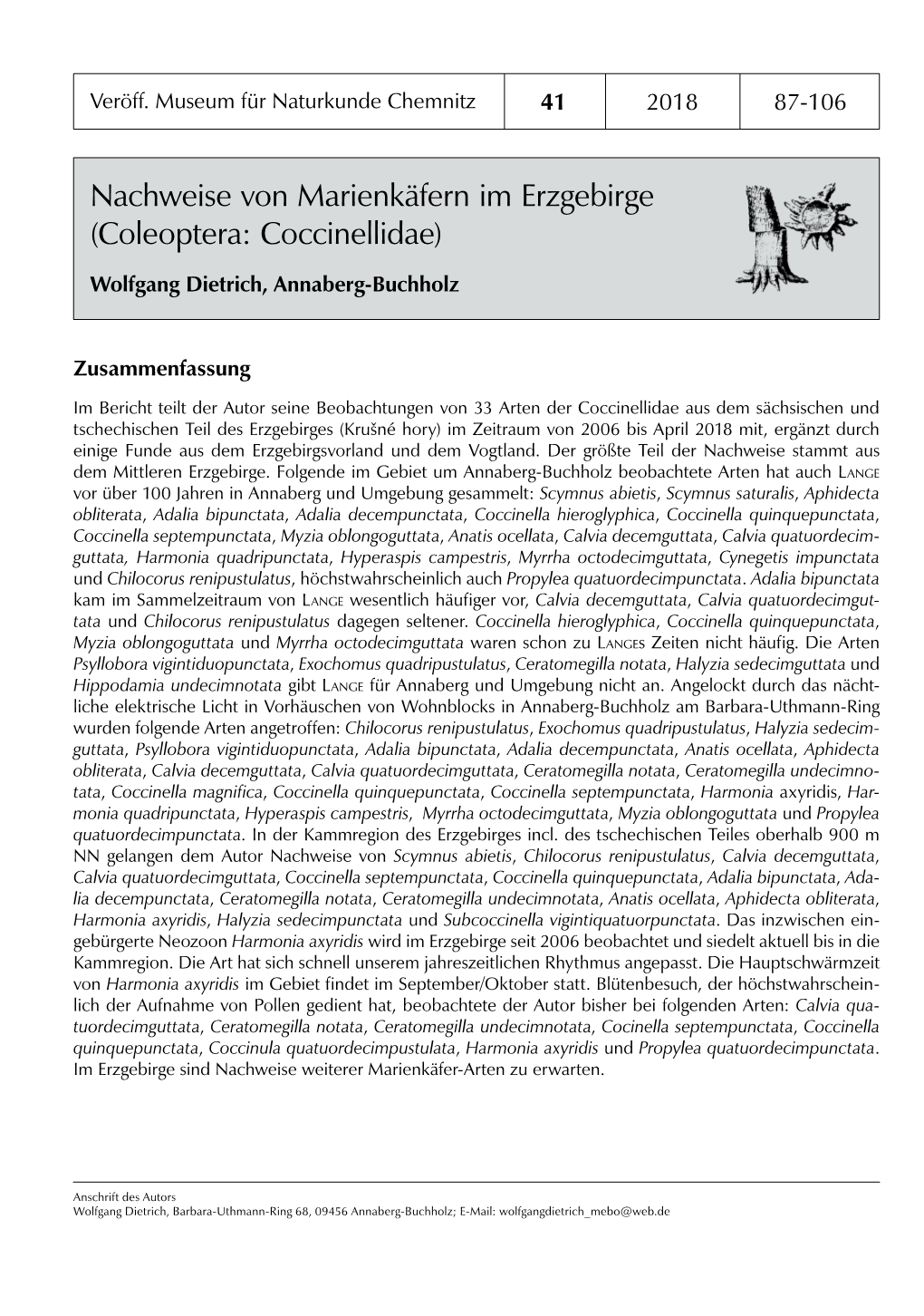 Nachweise Von Marienkäfern Im Erzgebirge (Coleoptera: Coccinellidae)