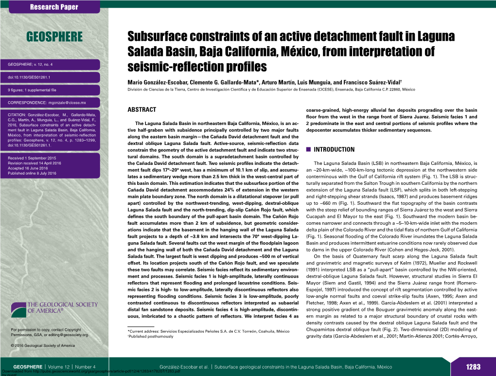 Subsurface Constraints of an Active Detachment Fault in Laguna Salada Basin, Baja California, México, from Interpretation of GEOSPHERE; V