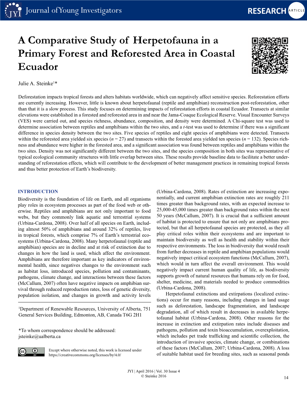A Comparative Study of Herpetofauna in a Primary Forest and Reforested Area in Coastal Ecuador