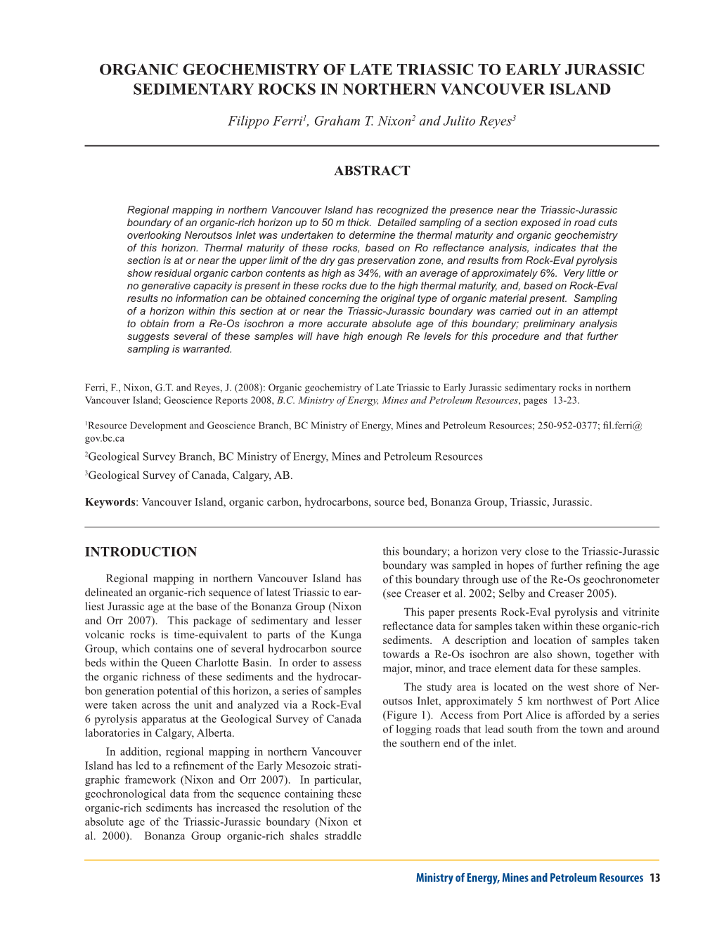 Organic Geochemistry of Late Triassic to Early Jurassic Sedimentary Rocks in Northern Vancouver Island