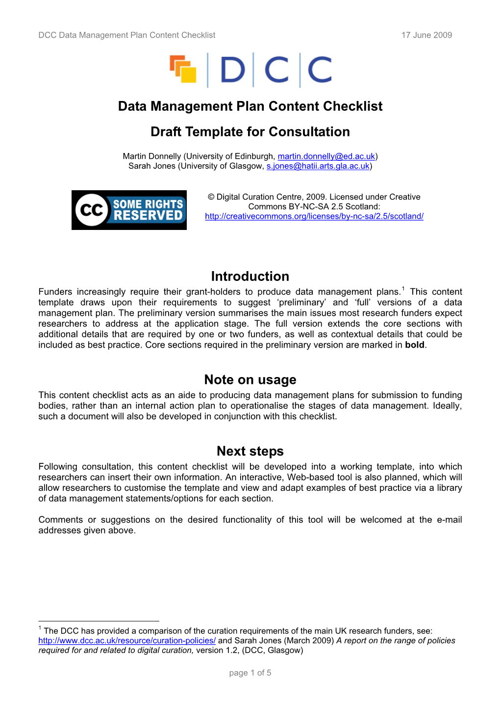 Data Management Plan Content Checklist Draft Template for Consultation