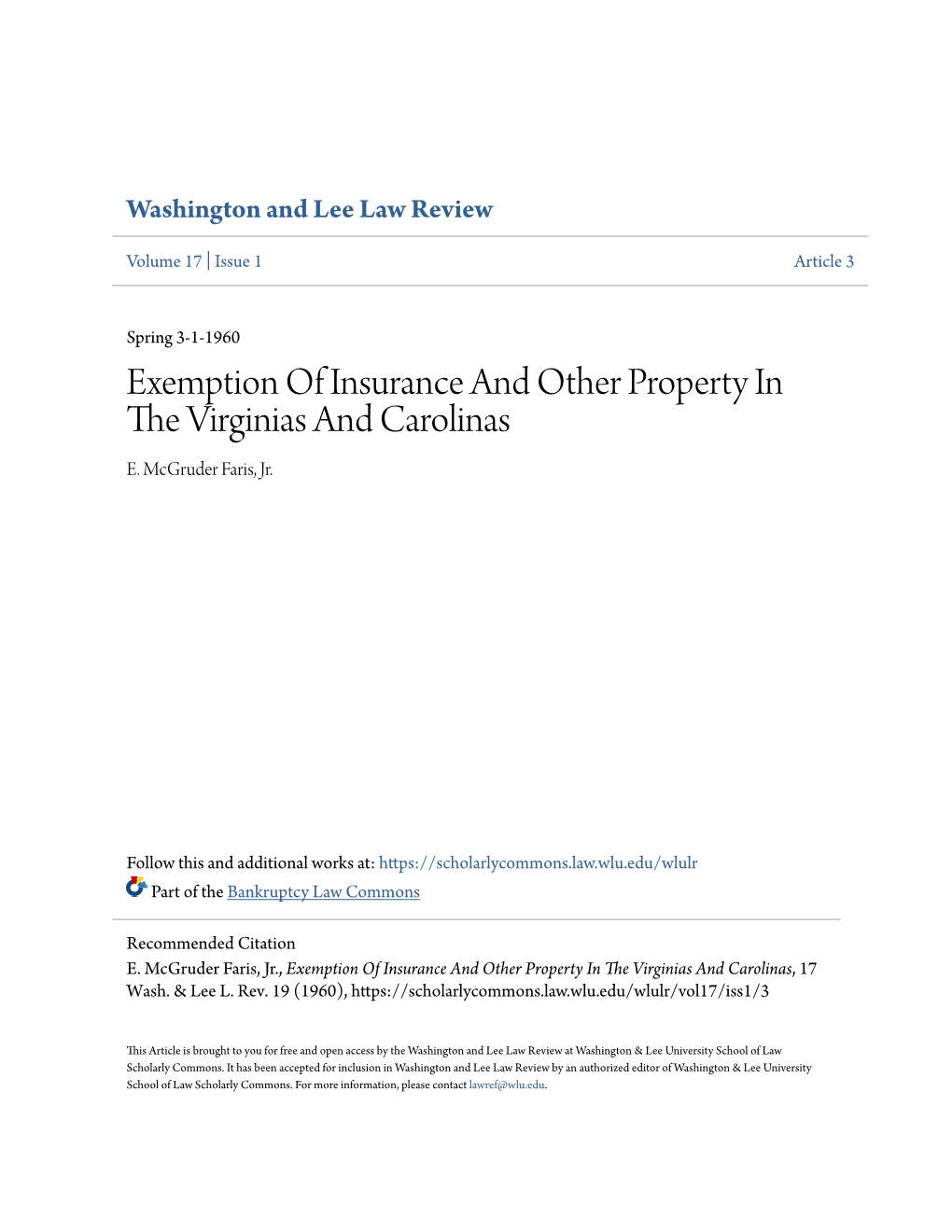 Exemption of Insurance and Other Property in the Virginias and Carolinas, 17 Wash