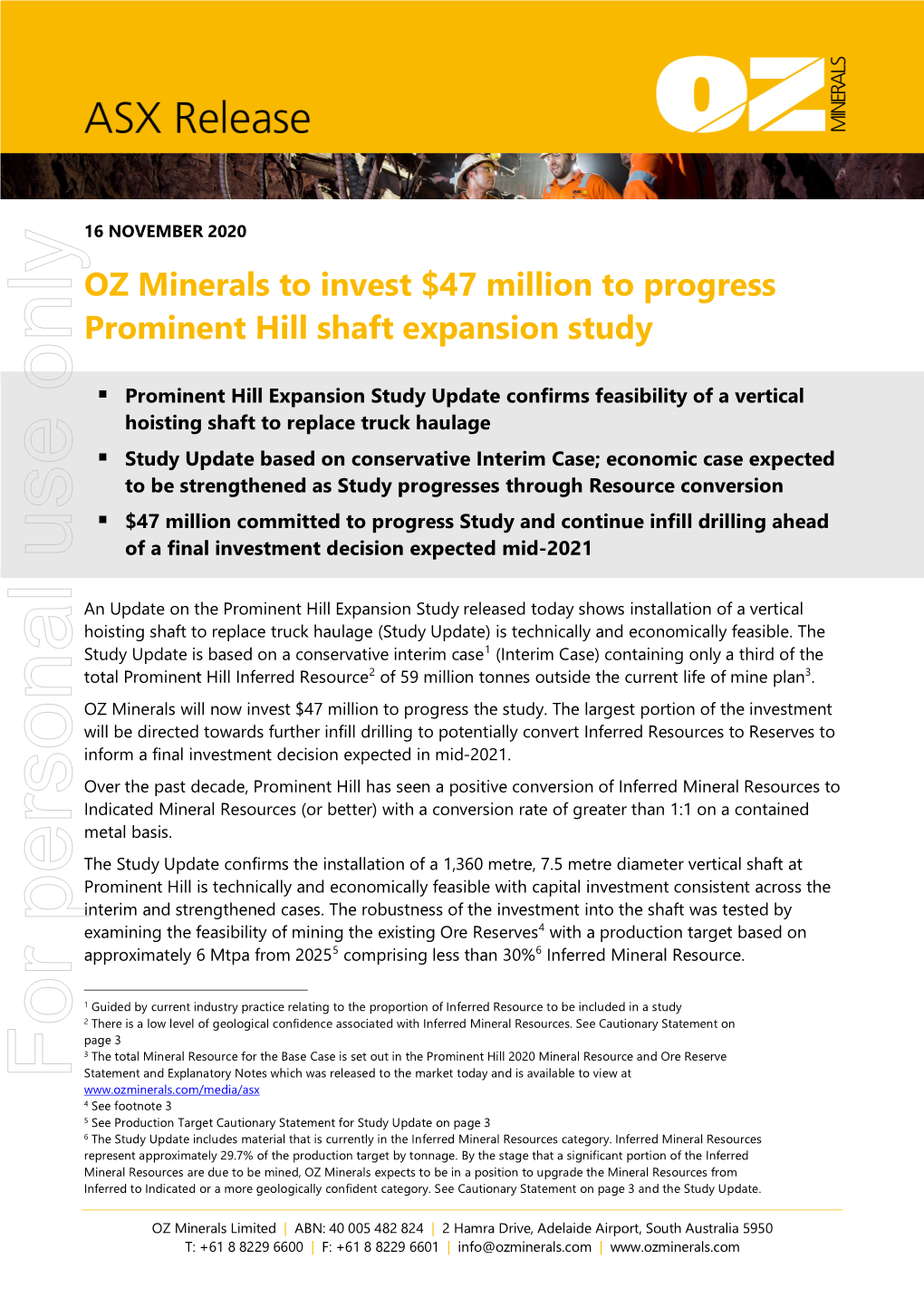 2020 OZ Minerals Prominent Hill Expansion Study Update