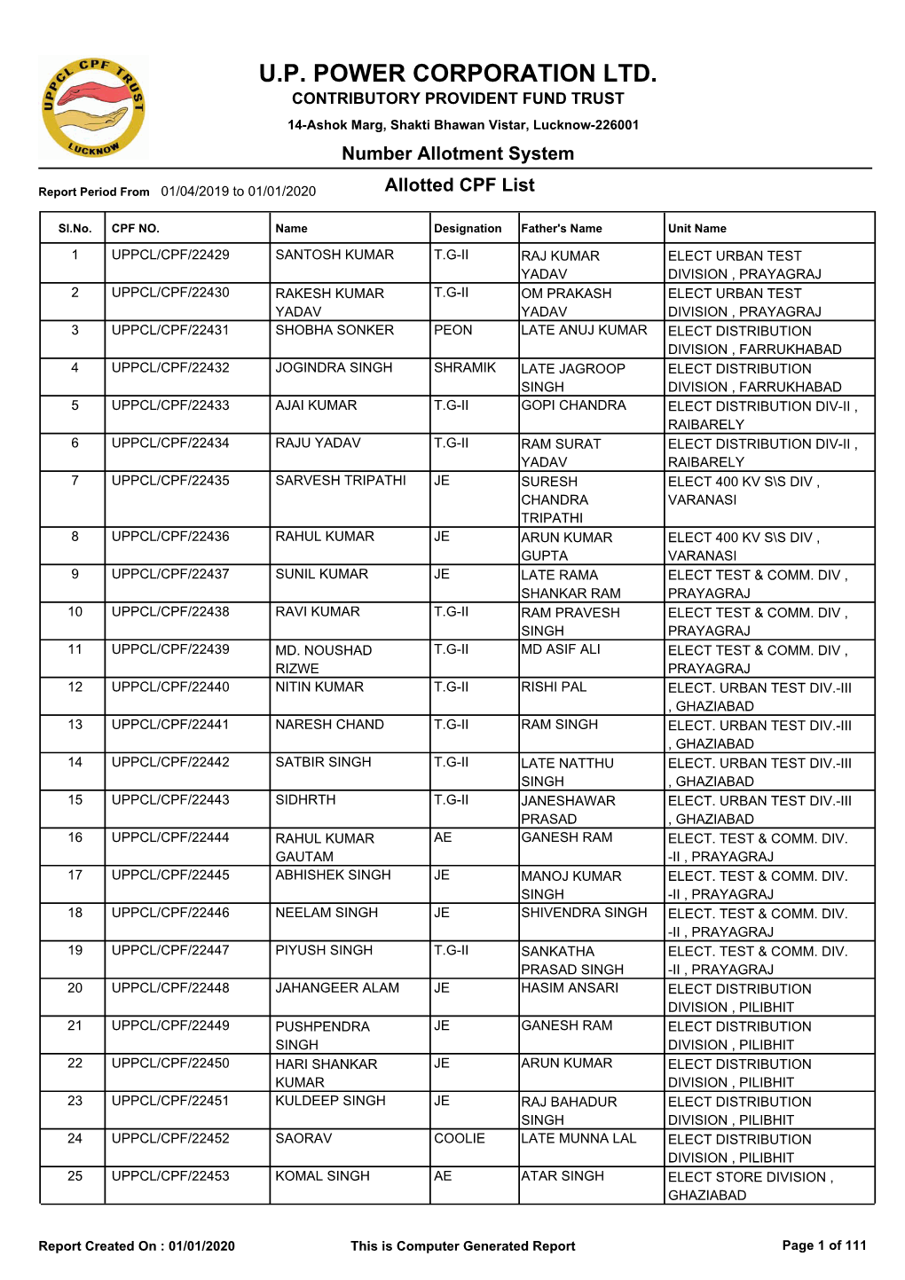 U.P. POWER CORPORATION LTD. CONTRIBUTORY PROVIDENT FUND TRUST 14-Ashok Marg, Shakti Bhawan Vistar, Lucknow-226001 Number Allotment System