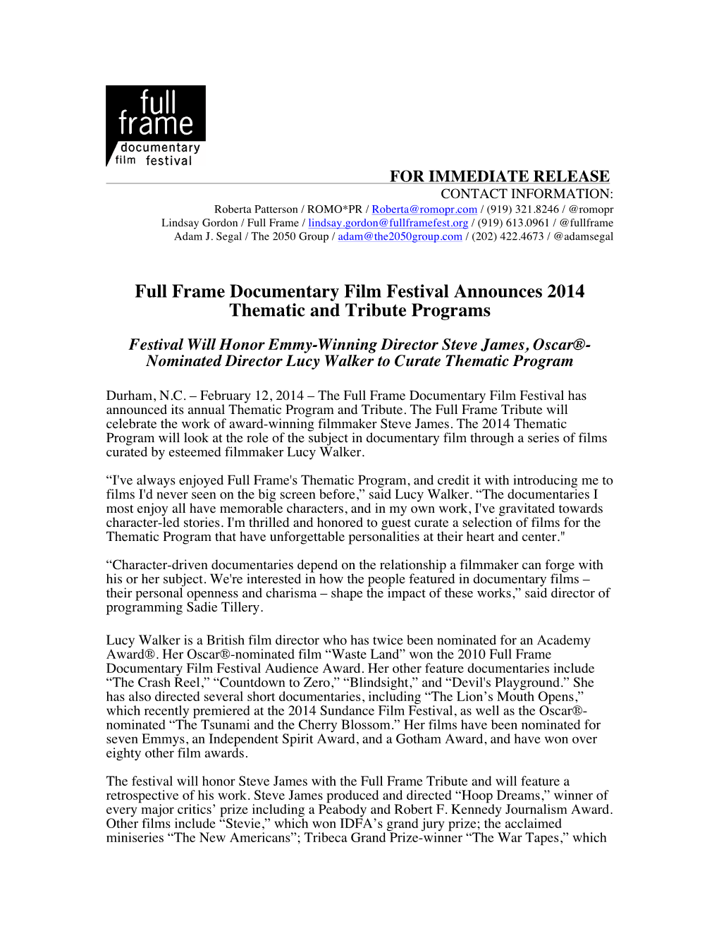 Full Frame Documentary Film Festival Announces 2014 Thematic and Tribute Programs