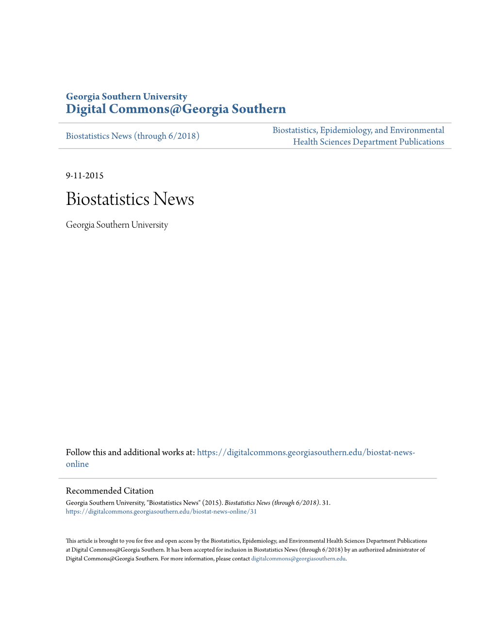 Biostatistics News (Through 6/2018) Health Sciences Department Publications