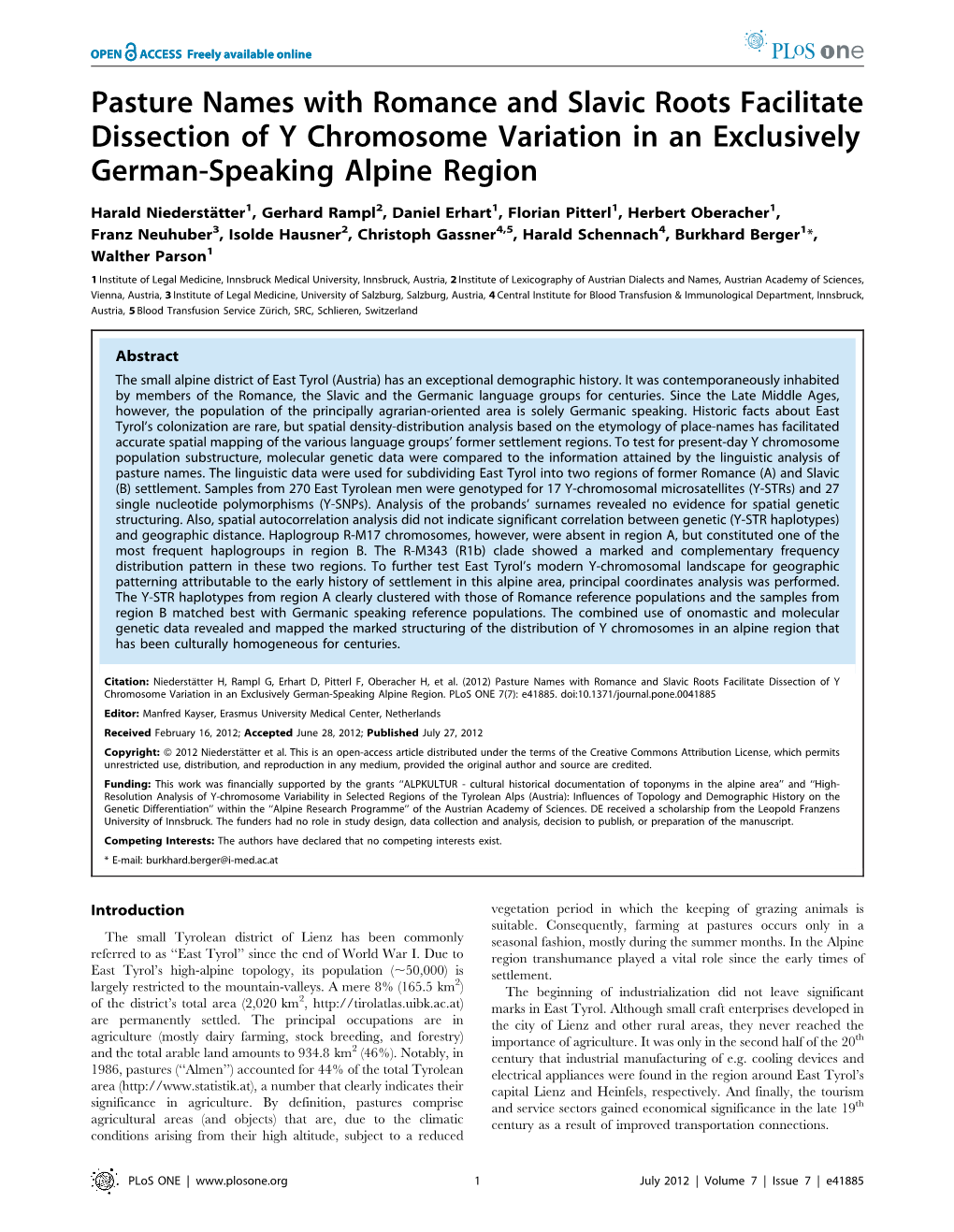 Pasture Names with Romance and Slavic Roots Facilitate Dissection of Y Chromosome Variation in an Exclusively German-Speaking Alpine Region