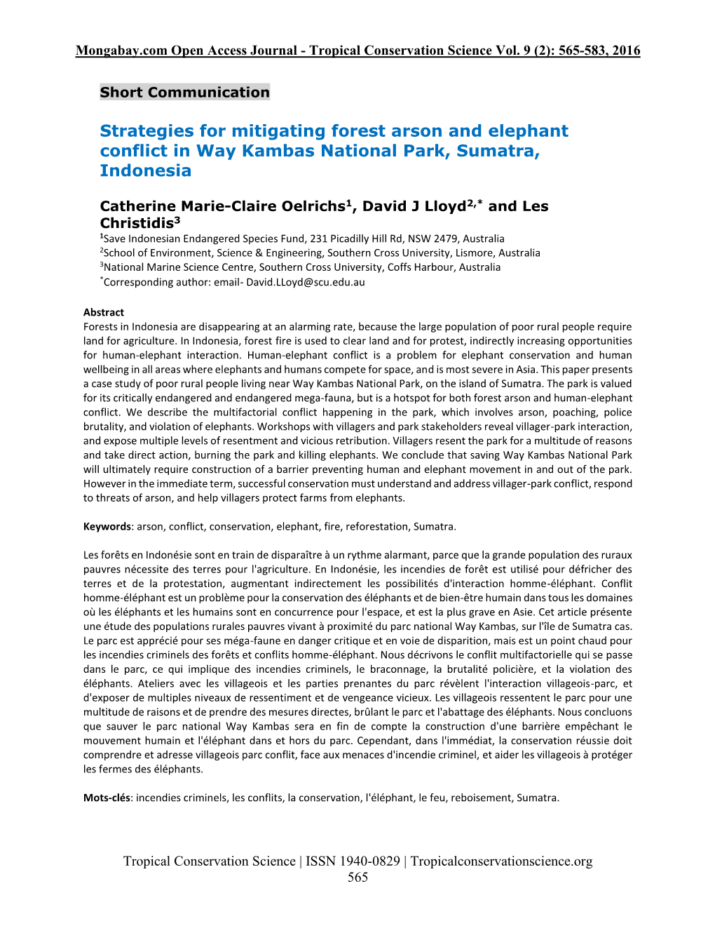 Strategies for Mitigating Forest Arson and Elephant Conflict in Way Kambas National Park, Sumatra, Indonesia