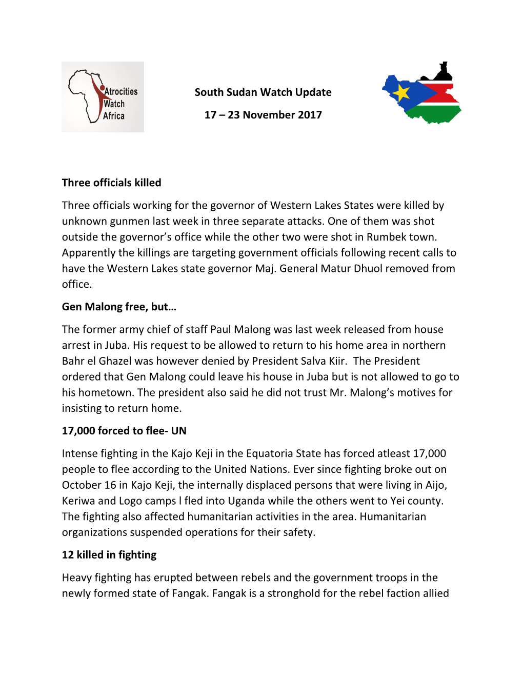 South Sudan Watch Update 17 – 23 November 2017