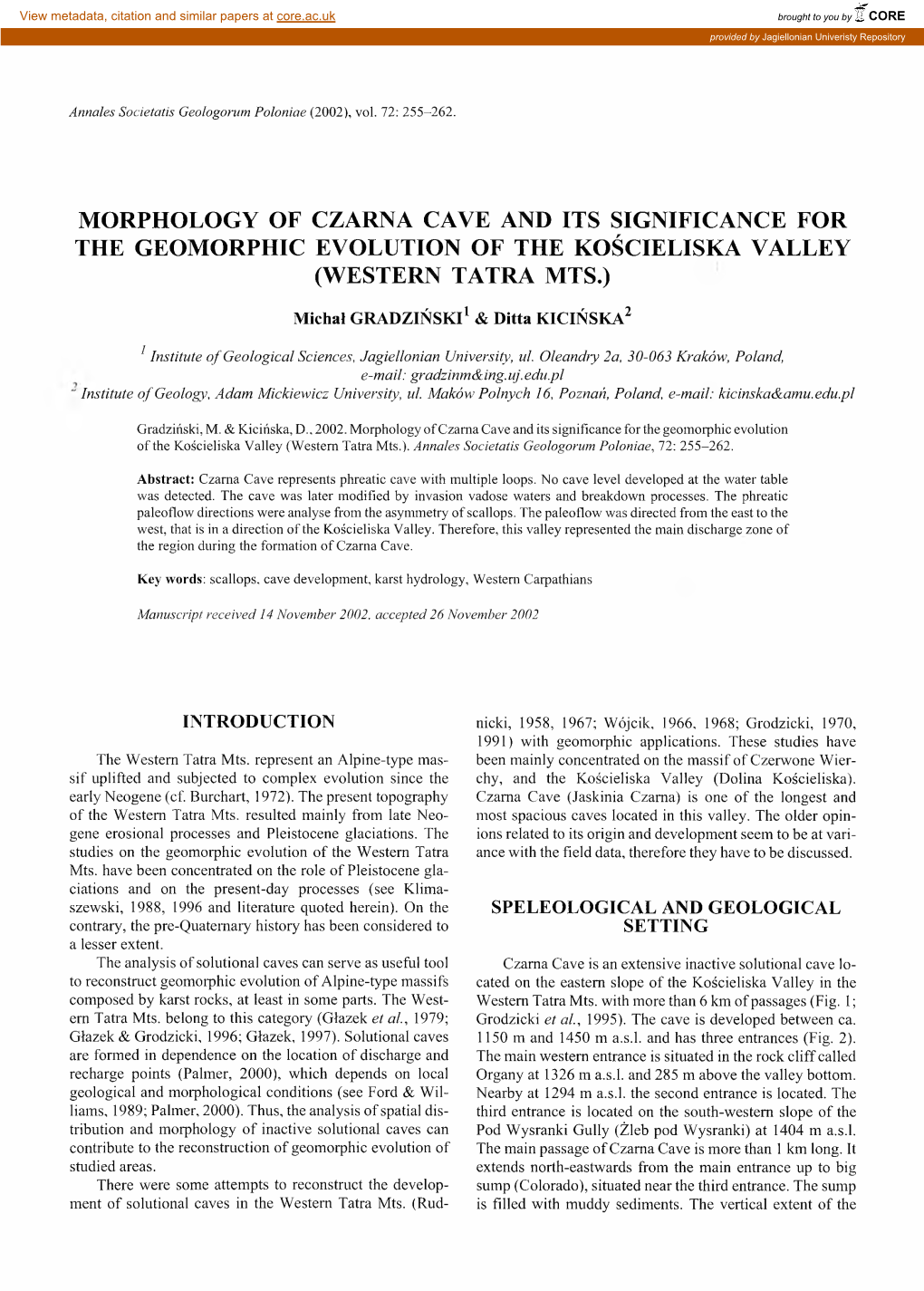 Morphology of Czama Cave and Its Significance for the Geomorphic Evolution of the Kościeliska Valley (Western Tatra Mts.)