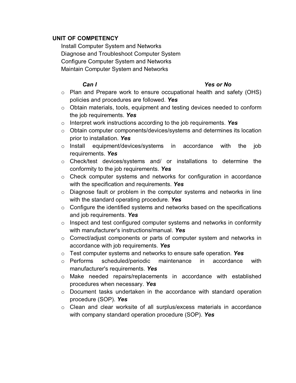 UNIT of COMPETENCY Install Computer System and Networks