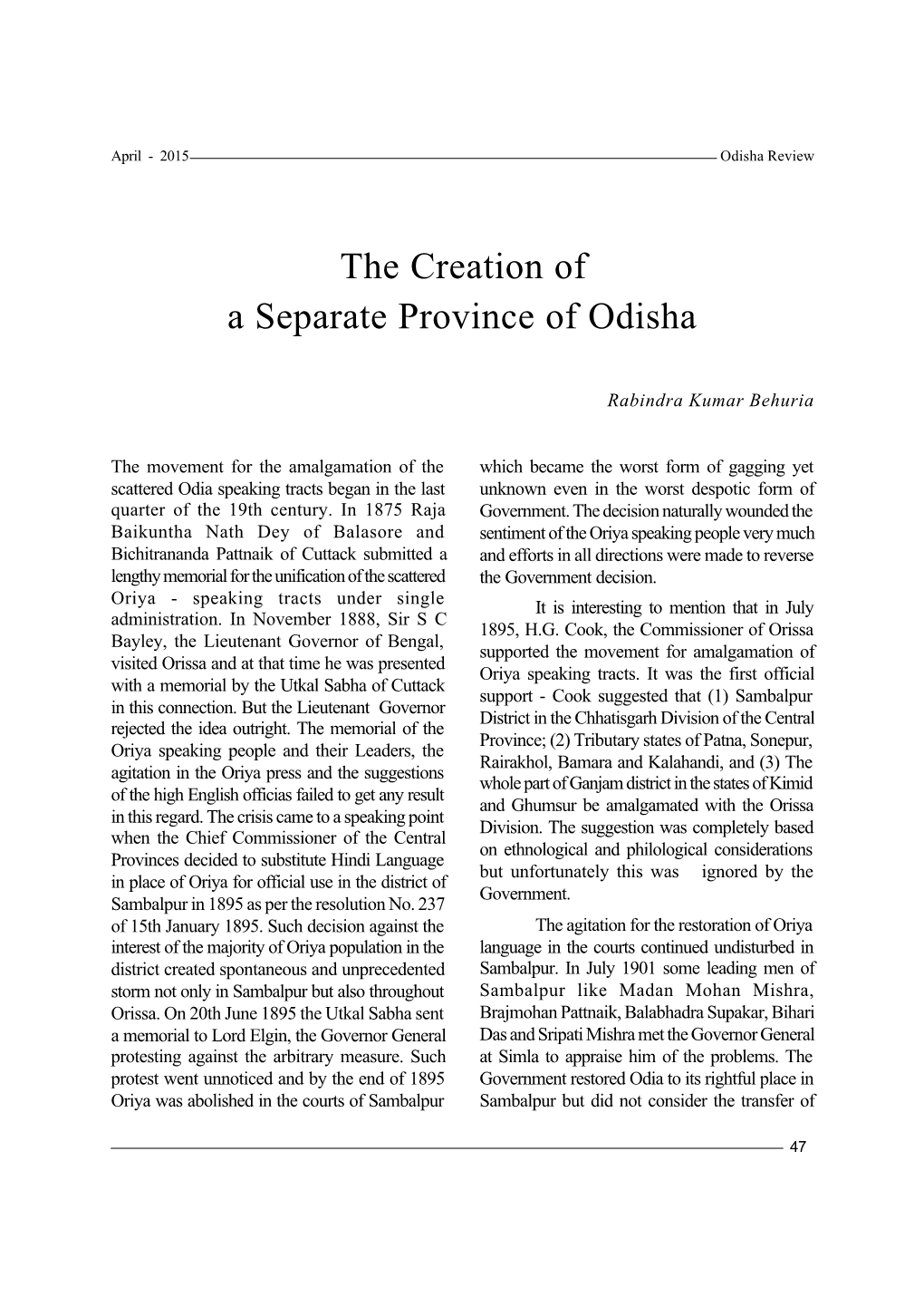 The Creation of a Separate Province of Odisha