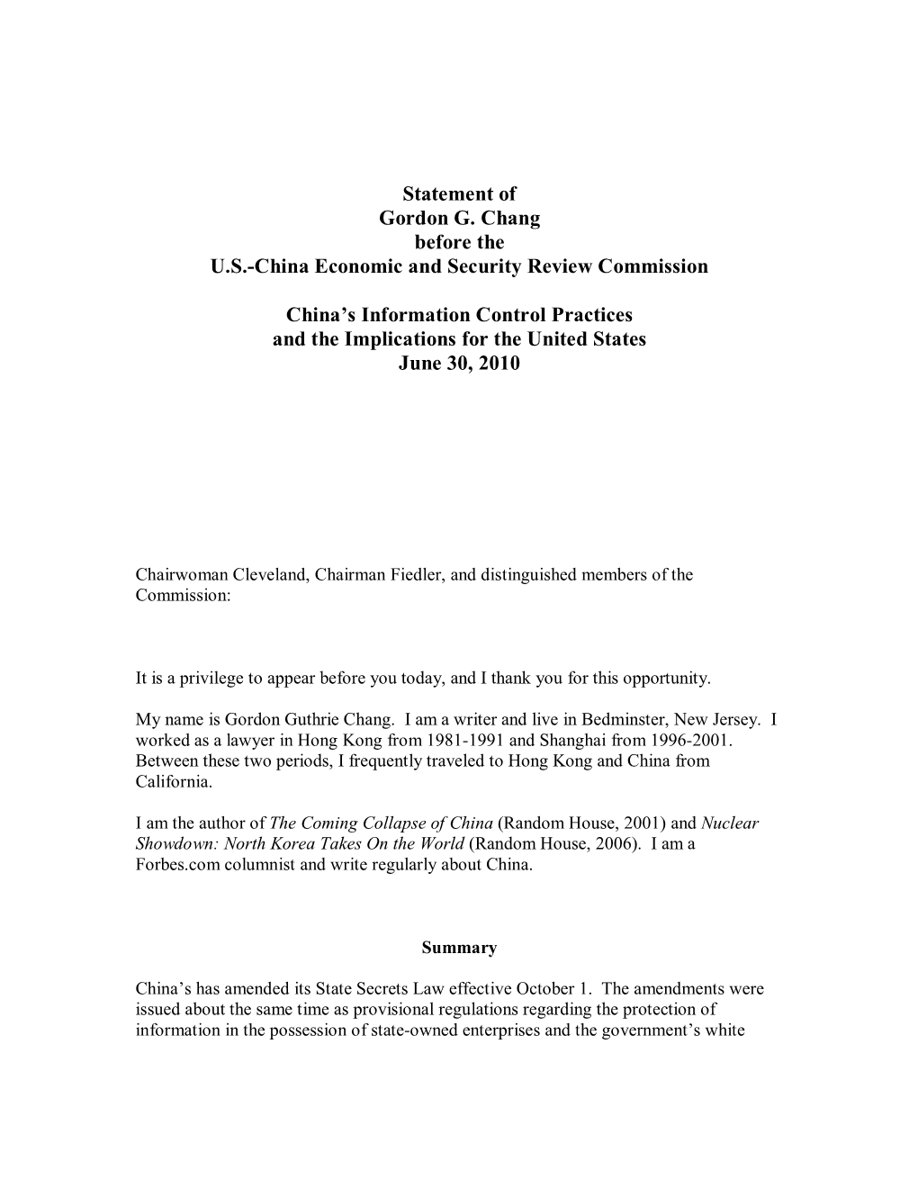 Statement of Gordon G. Chang Before the U.S.China Economic And