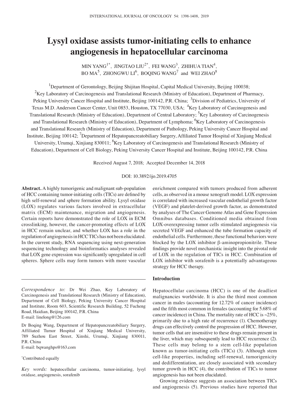 Lysyl Oxidase Assists Tumor‑Initiating Cells to Enhance Angiogenesis in Hepatocellular Carcinoma