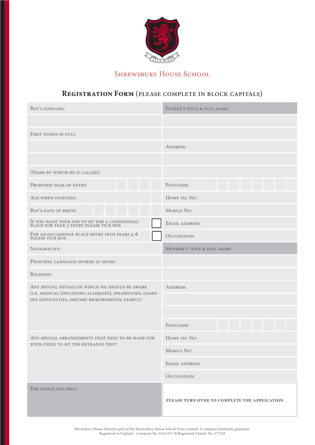 Shrewsbury House School Registration Form (Please Complete