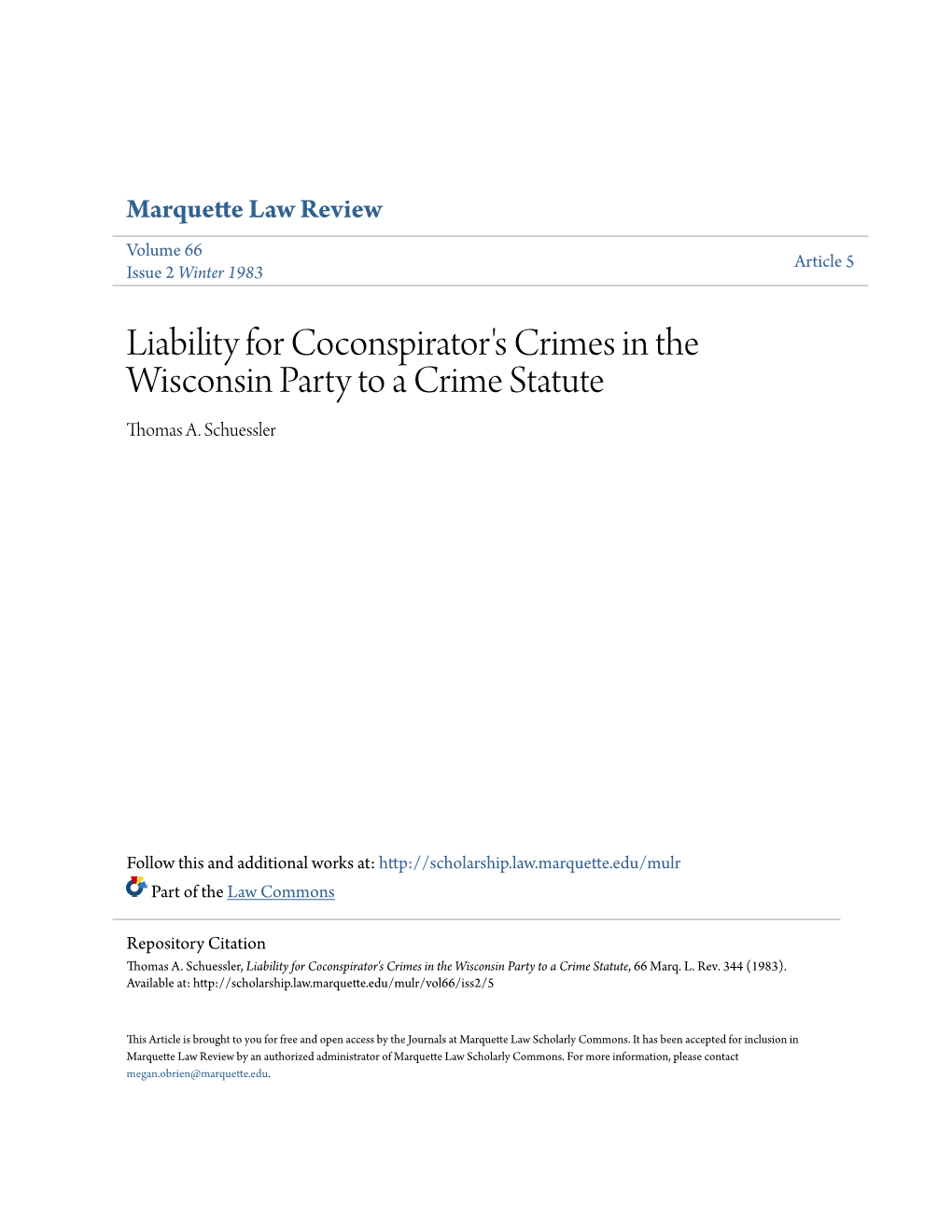Liability for Coconspirator's Crimes in the Wisconsin Party to a Crime Statute Thomas A