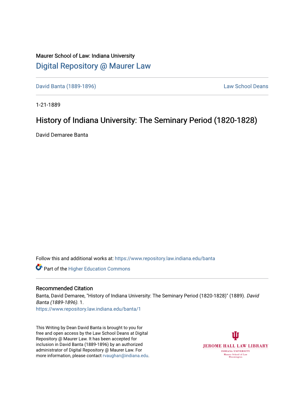 History of Indiana University: the Seminary Period (1820-1828)