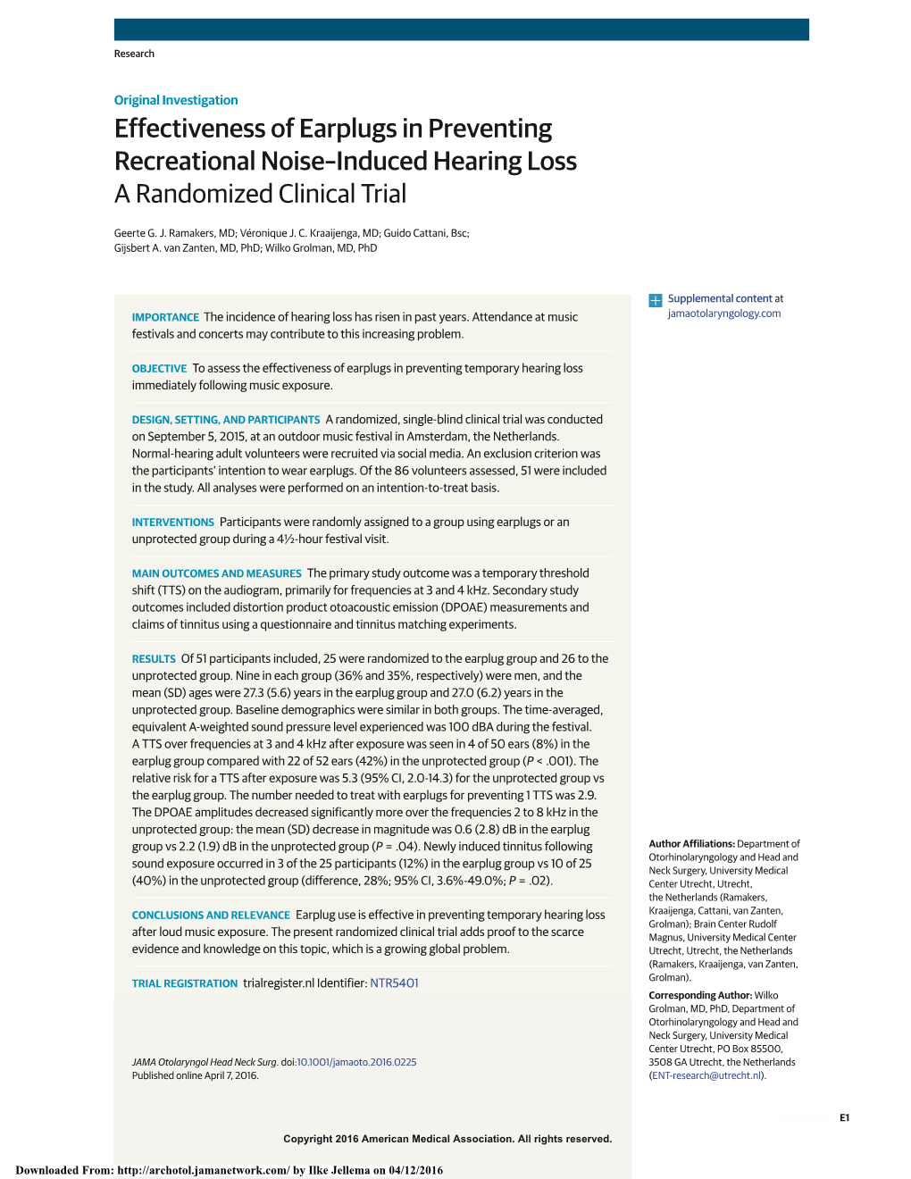 Effectiveness of Earplugs in Preventing Recreational Noise–Induced Hearing Loss: a Randomized Clinical Trial