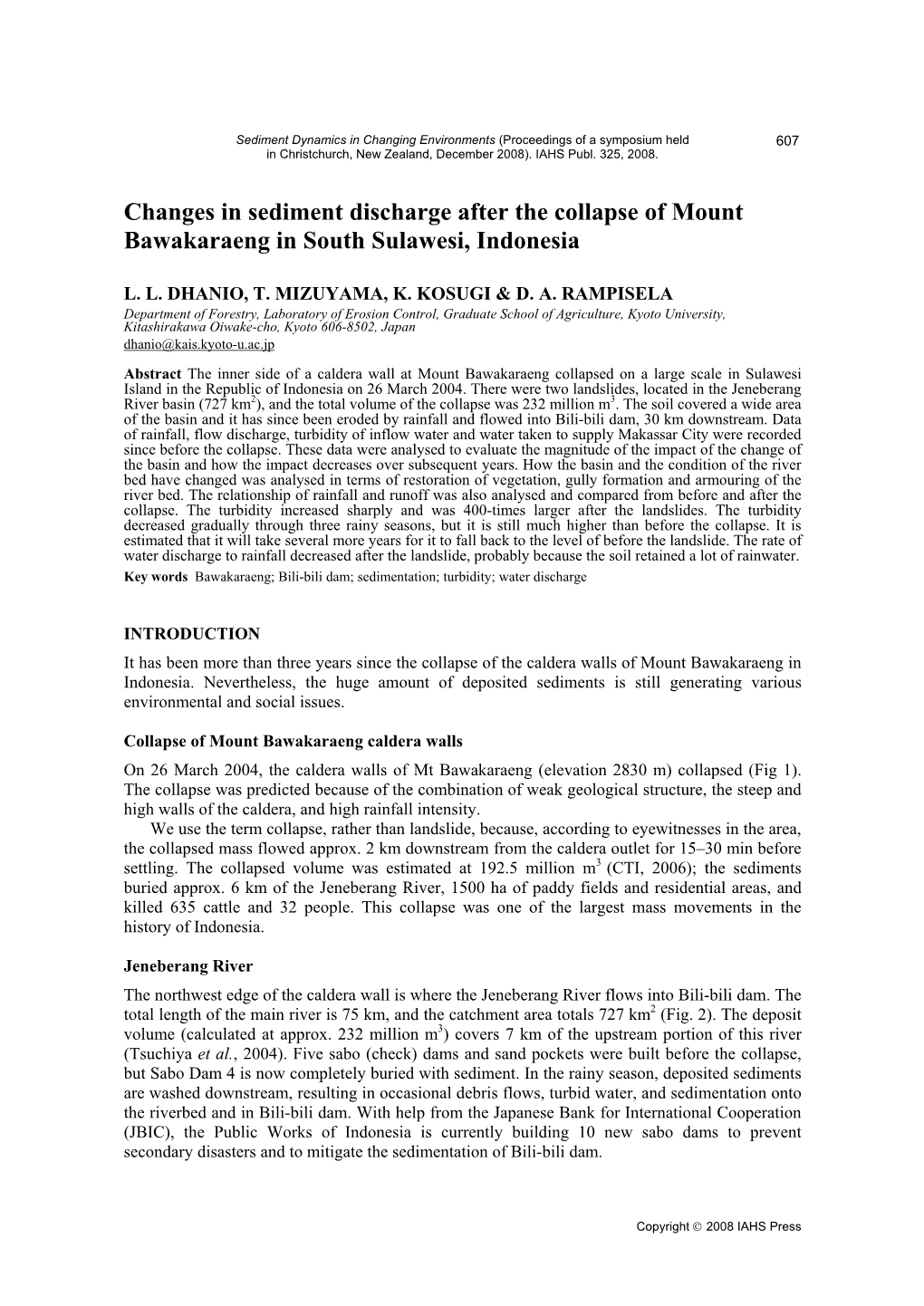 Changes in Sediment Discharge After the Collapse of Mount Bawakaraeng in South Sulawesi, Indonesia