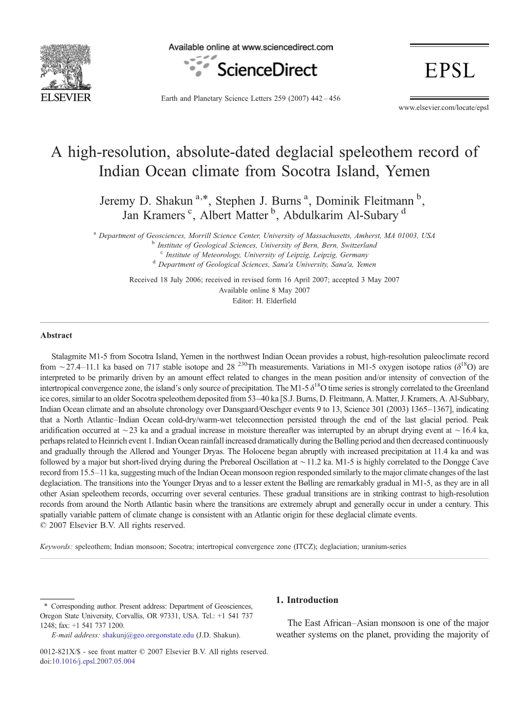 A High-Resolution, Absolute-Dated Deglacial Speleothem Record of Indian Ocean Climate from Socotra Island, Yemen ⁎ Jeremy D