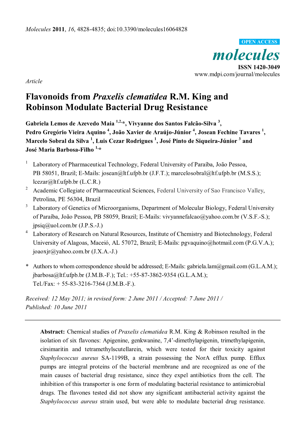 Flavonoids from Praxelis Clematidea R.M. King and Robinson Modulate Bacterial Drug Resistance