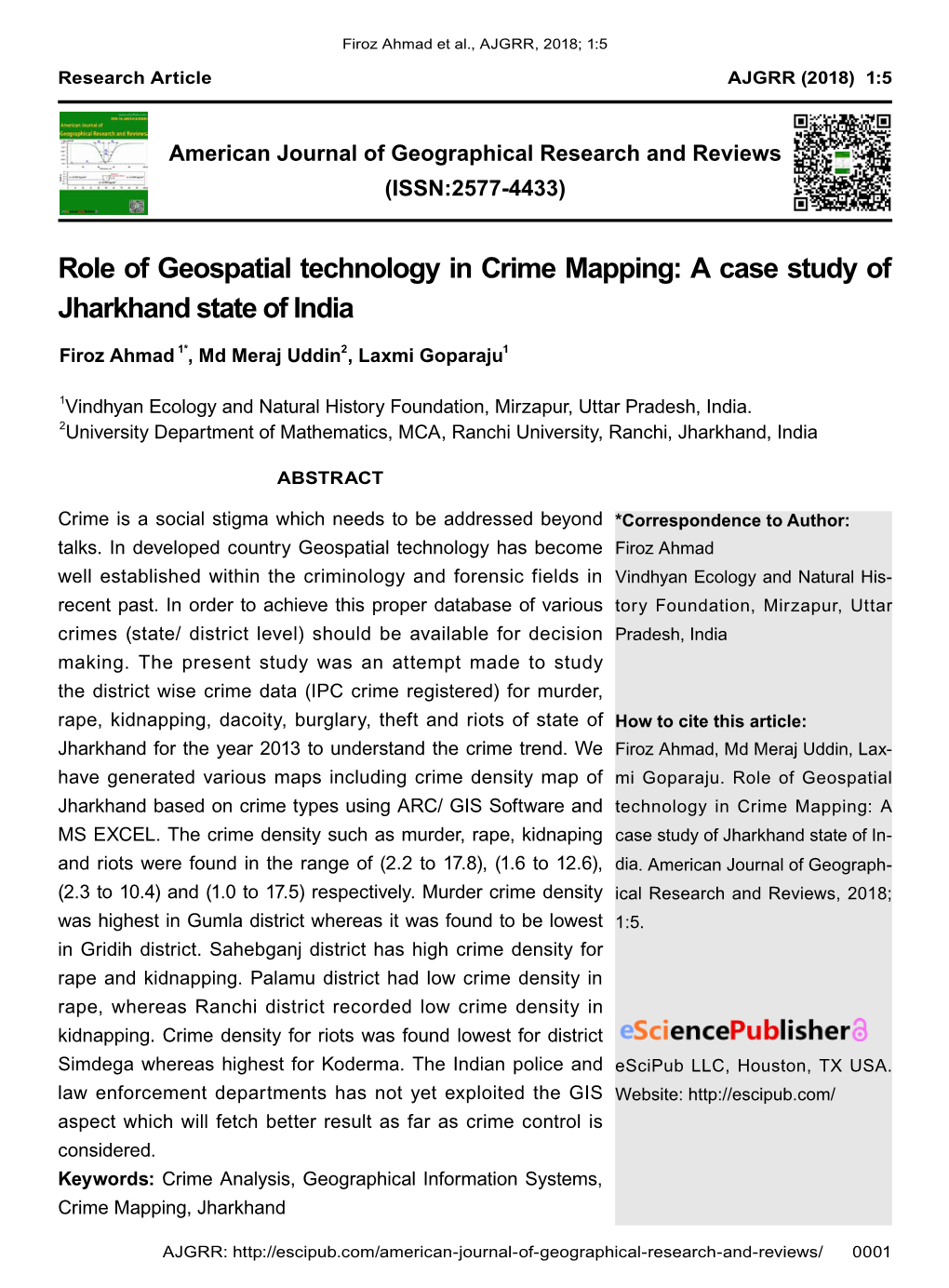 Role of Geospatial Technology in Crime Mapping: a Case Study of Jharkhand State of India