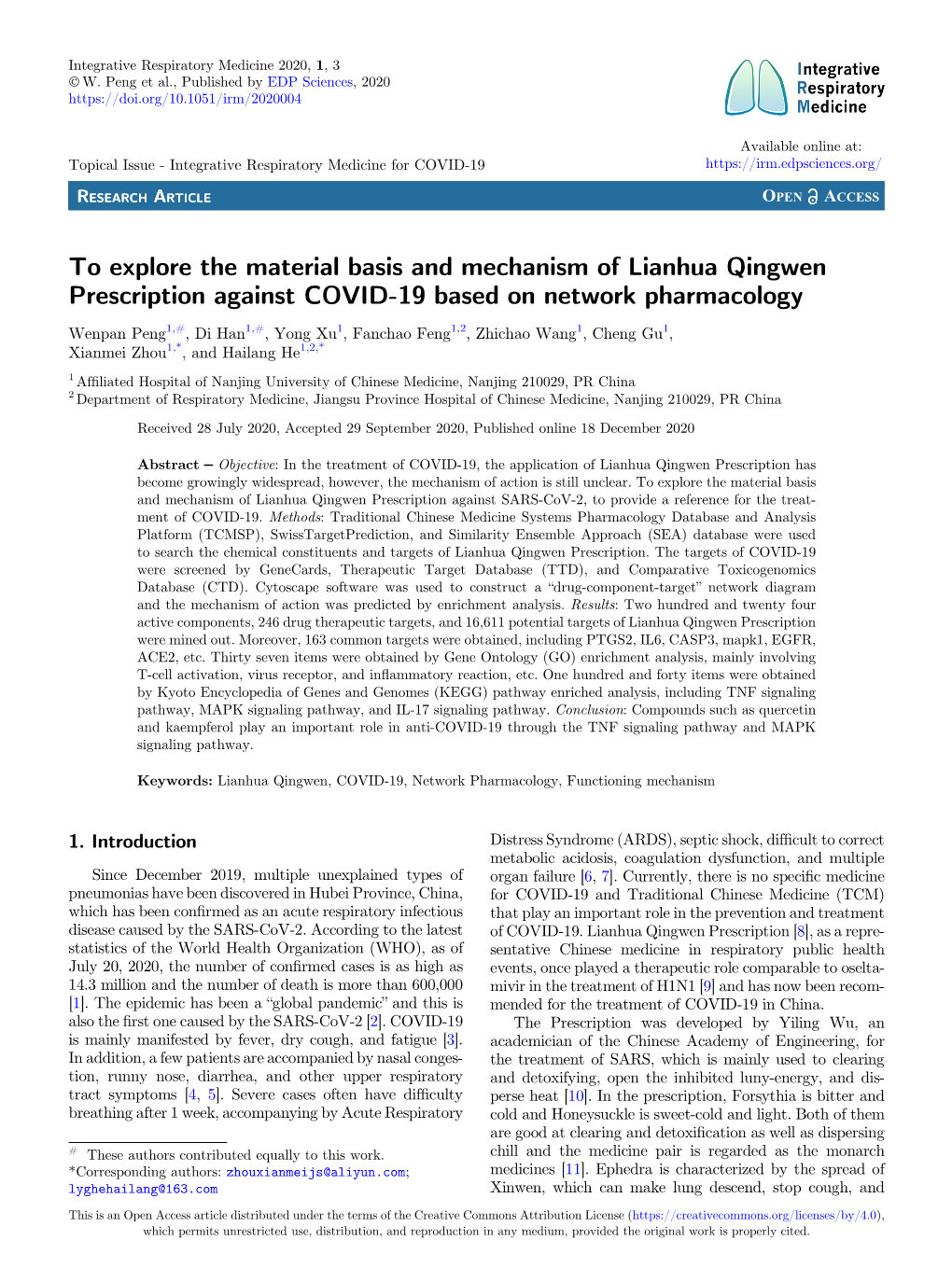 To Explore the Material Basis and Mechanism of Lianhua Qingwen Prescription Against COVID-19 Based on Network Pharmacology