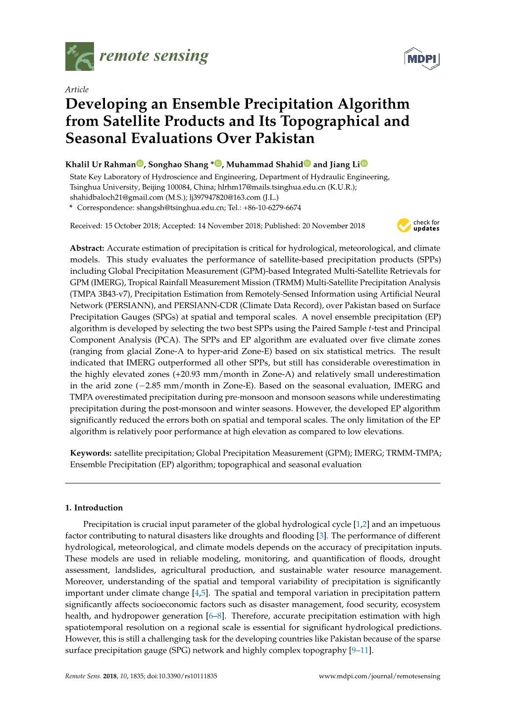 Developing an Ensemble Precipitation Algorithm from Satellite Products and Its Topographical and Seasonal Evaluations Over Pakistan