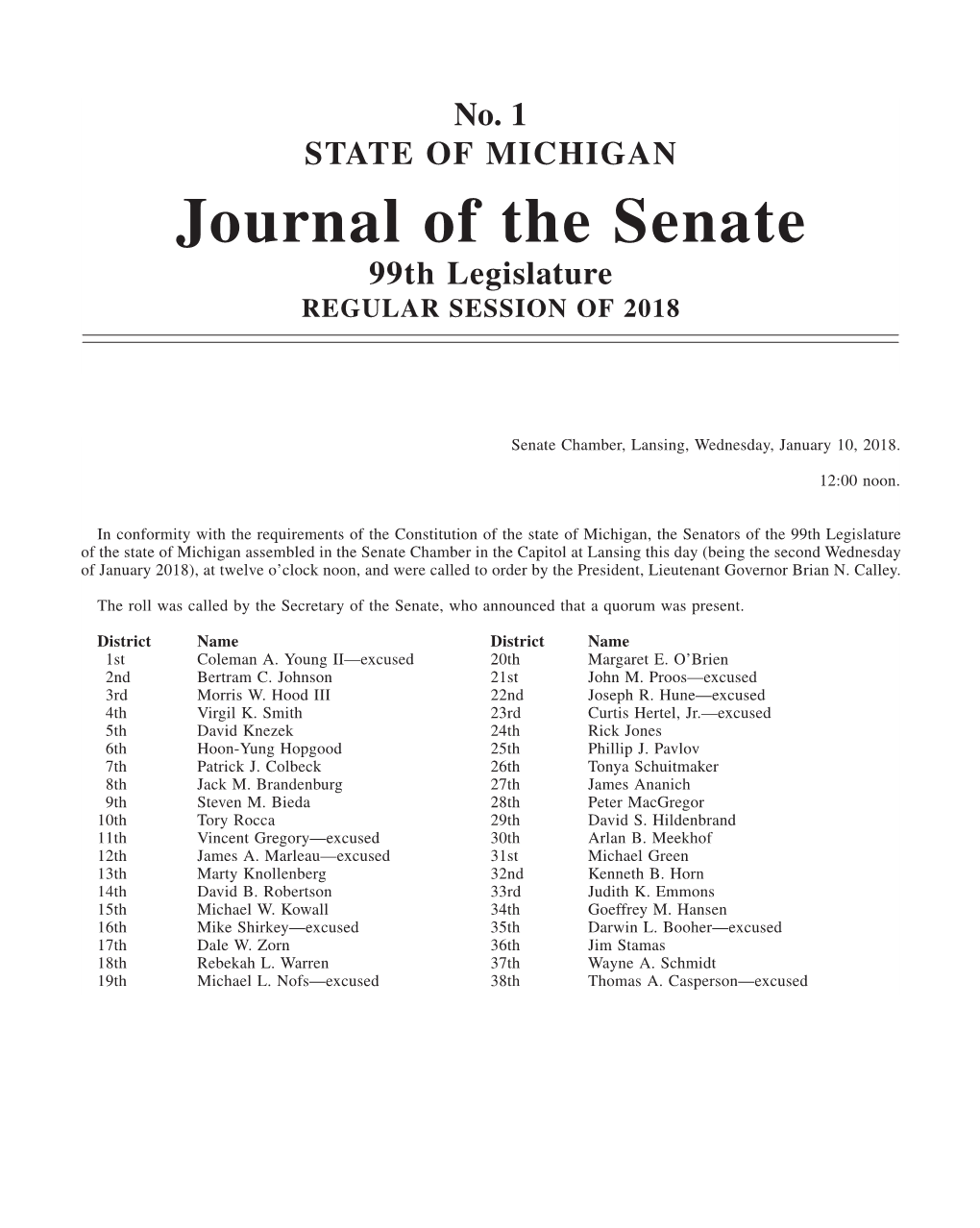 Journal of the Senate 99Th Legislature REGULAR SESSION of 2018