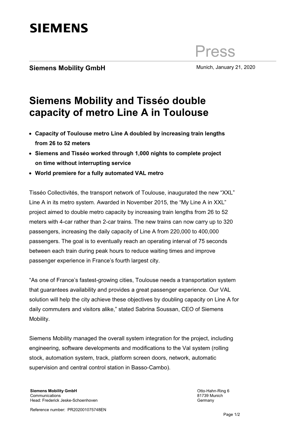Siemens Mobility and Tisséo Double Capacity of Metro Line a in Toulouse