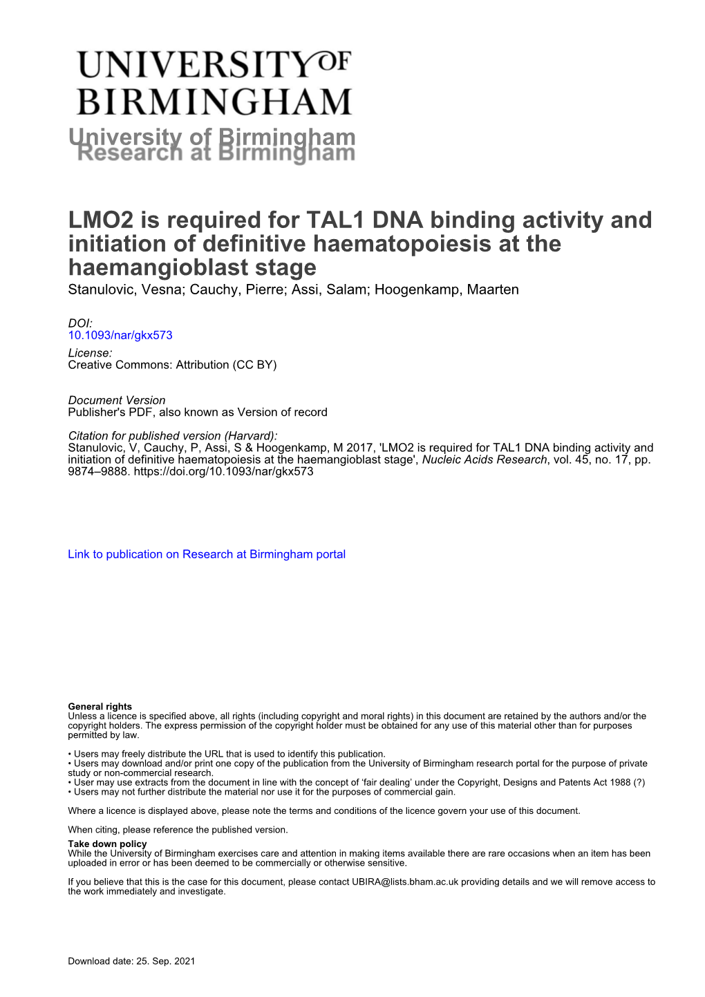 University of Birmingham LMO2 Is Required for TAL1 DNA