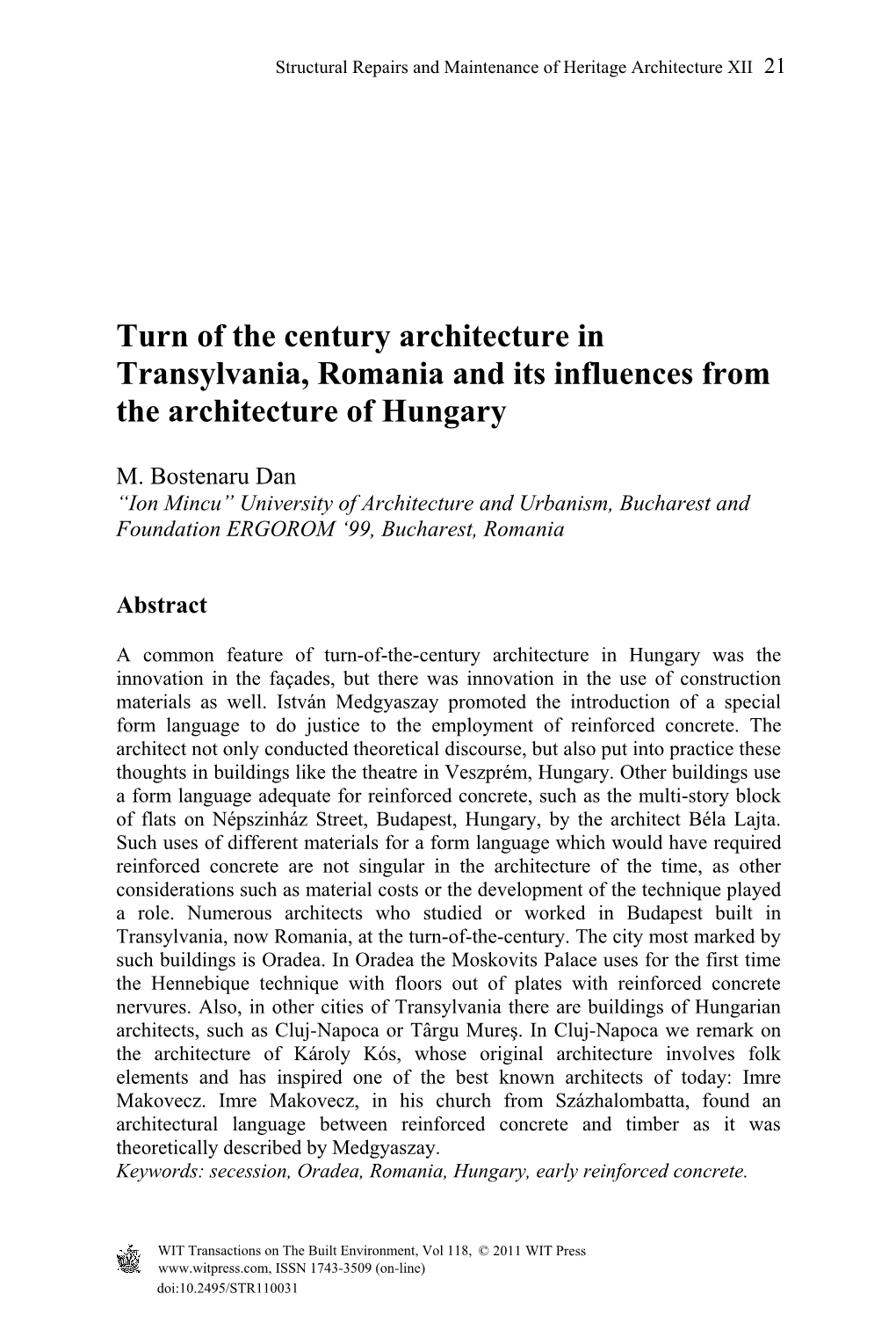 Turn of the Century Architecture in Transylvania, Romania and Its Influences from the Architecture of Hungary