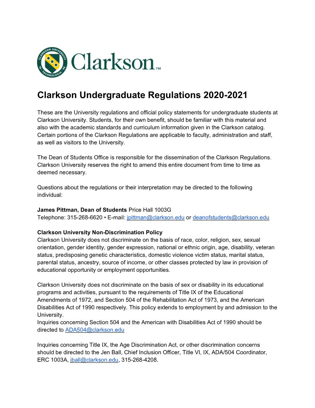 Clarkson Undergraduate Regulations 2020-2021
