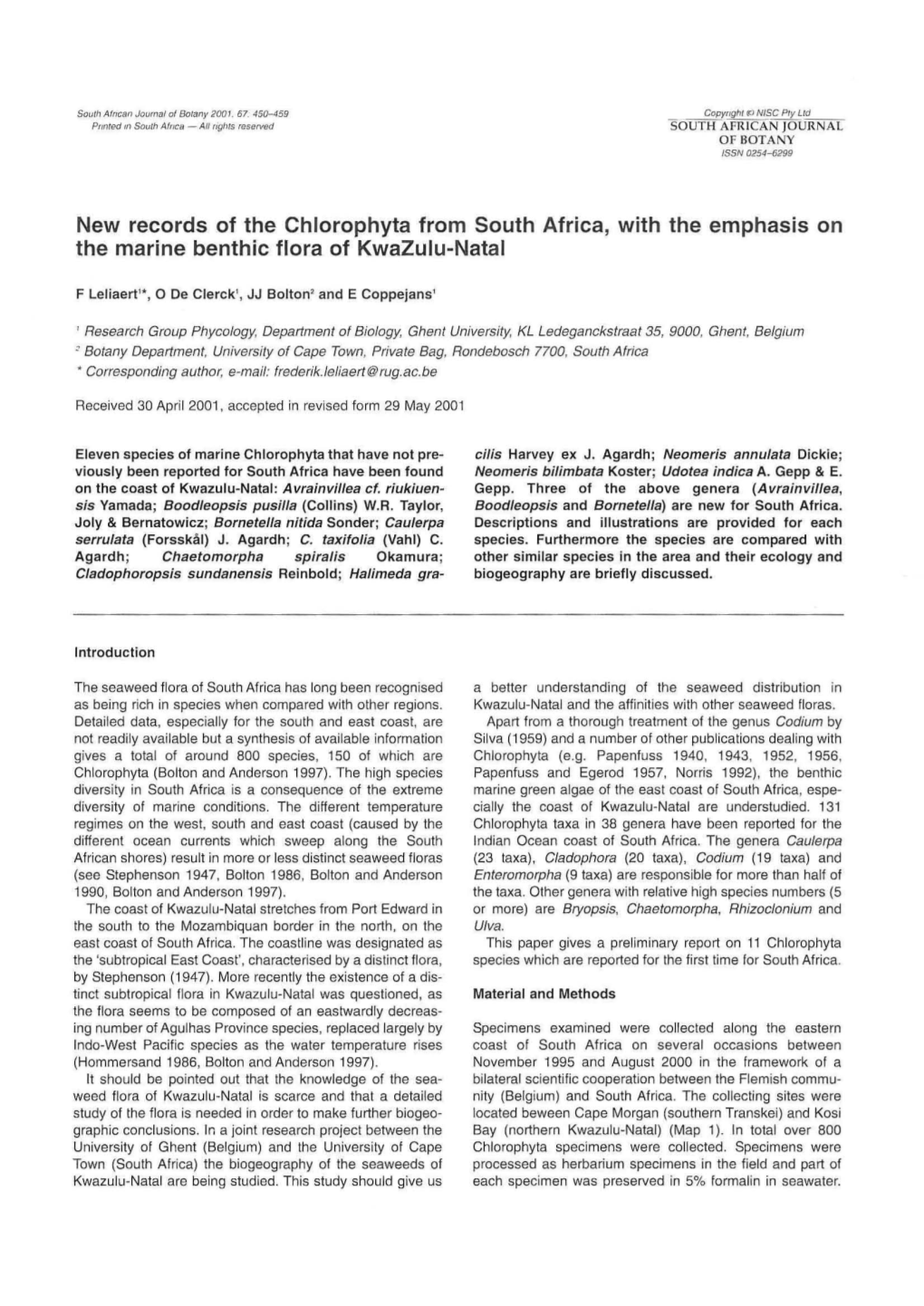 New Records of the Chlorophyta from South Africa, with the Emphasis on the Marine Benthic Flora of Kwazulu-Natal