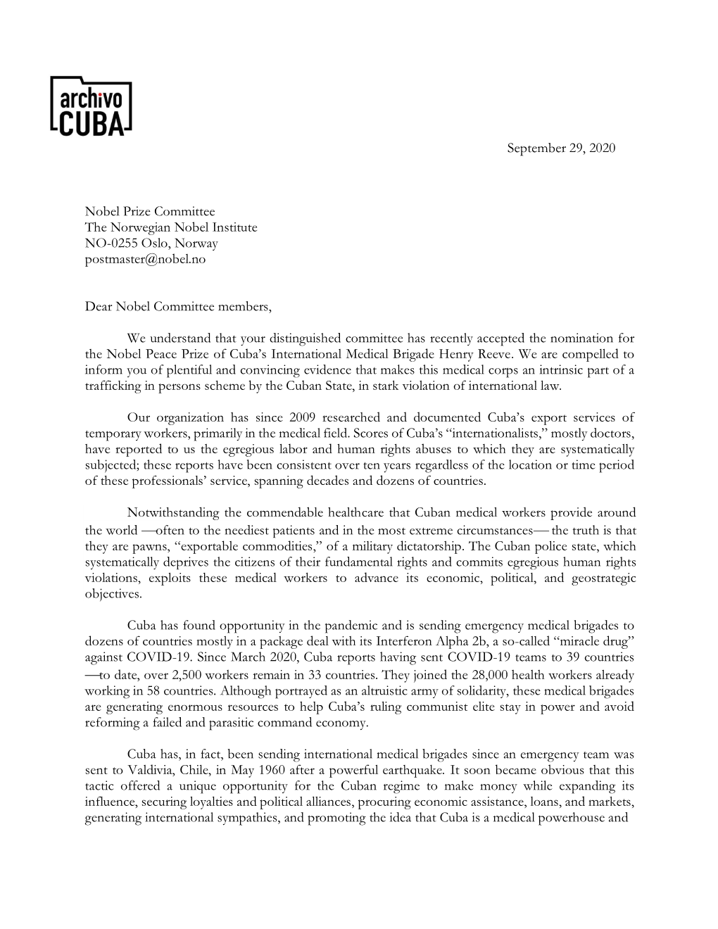 Letter to the Nobel Committee on the Nomination of Cuba's Emergency Medical Brigade
